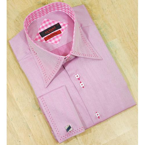Axxess Pink / White Herringbone With Pink Hand Pick Stitching Collar 100% Cotton Dress Shirt